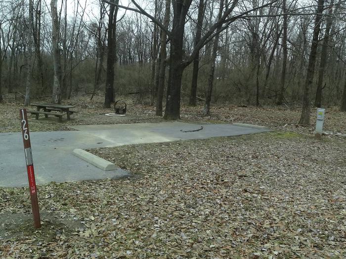 picnic table and fire pit located on the left of camp pad, electric loacted to the right of the camp pad
