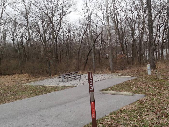 picnic table and fire pit to the left of camp pad, electric, water, and extra parking to the right of pad.