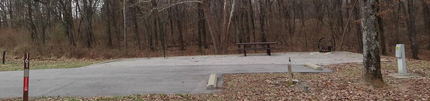 picnic table and fire pit to the left of camp pad, electric, water, extra parking to the right of pad.