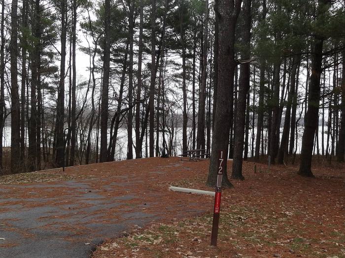 picnic table and fire pit to the left of camp pad, electric, water, sewer, and extra parking to the right of pad.