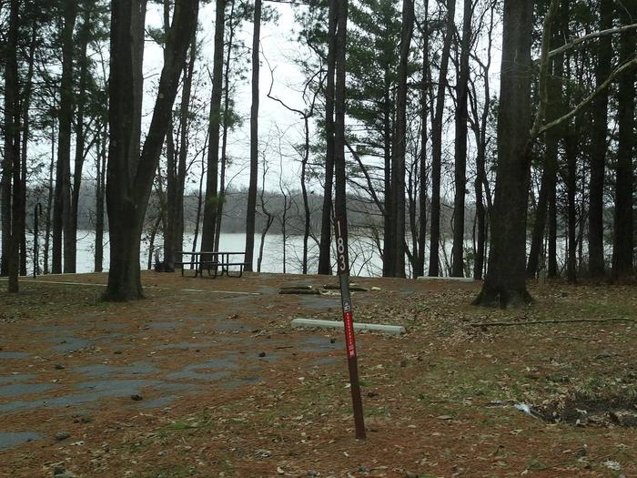 picnic table and fire pit to the left of camp pad, electric, water, sewer, and extra parking to the right of pad.