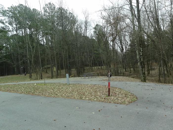 Pull through type site with picnic table and fire pit on the right of camp pad, and water and electric on left of camp pad