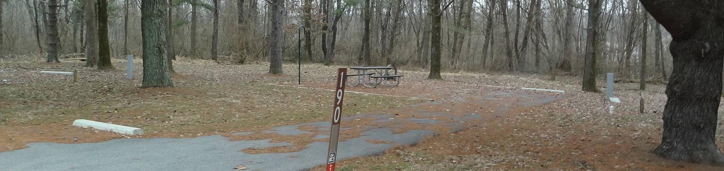 picnic table, fire pit, and extra parking to the left of camp pad, electric, water, and sewer to the right of pad.