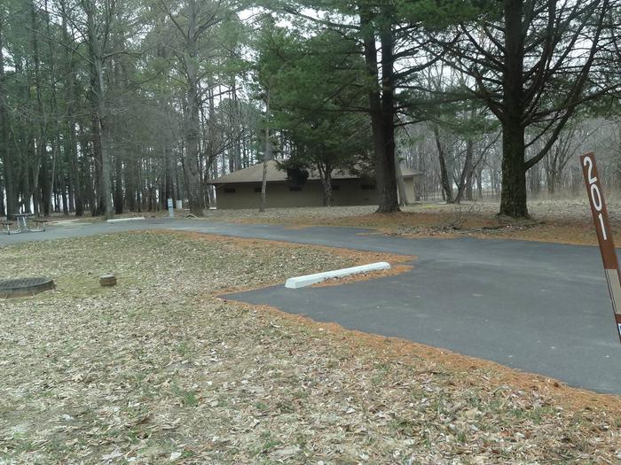 picnic table, fire pit, and extra parking to the left of camp pad, electric to the right of pad.