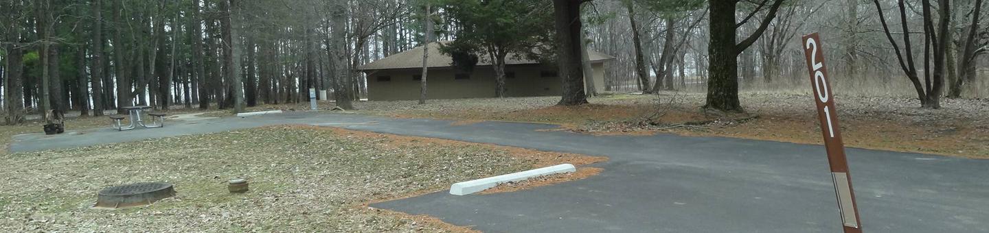 picnic table, fire pit, and extra parking to the left of camp pad, electric to the right of pad.