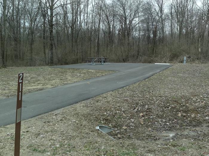 picnic table and fire pit to the left of camp pad, electric to the right of pad.