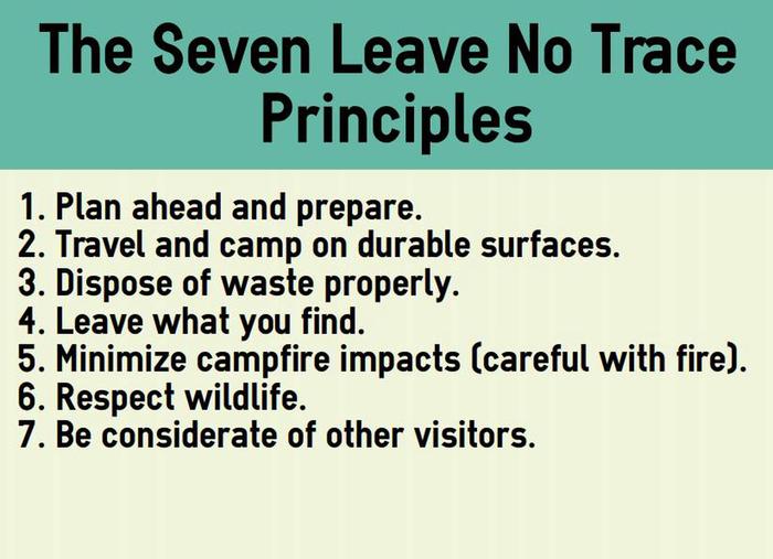 The seven Leave No Trace principles. Plan ahead and prepare. Travel and camp on durable surfaces. Dispose of waste properly. Leave what you find. Minimize campfire impacts (be careful with fire). Respect wildlife.   Be considerate of other visitors.Leave No Trace Principles