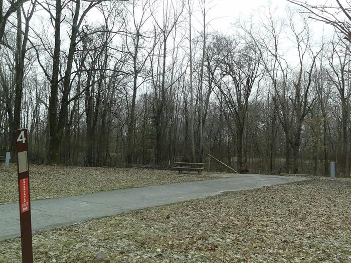 picnic table and fire pit to the left of camp pad, electric to the right of pad.