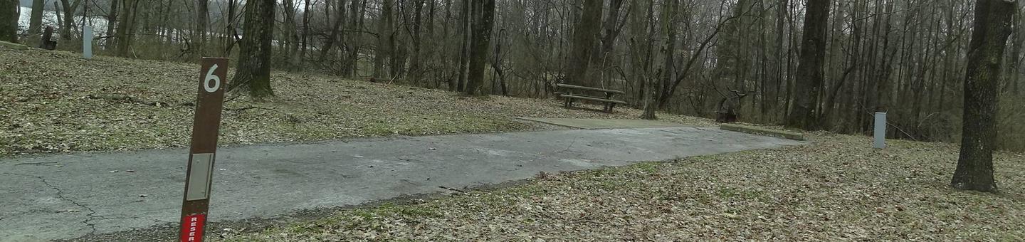 picnic table and fire pit to the left of camp pad, electric to the right of pad.