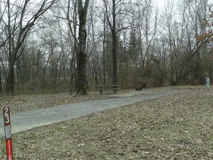 picnic table and fire pit to the left of camp pad, electric to the right of pad.