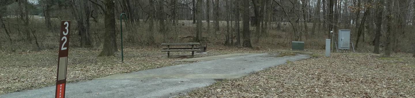 picnic table and fire pit to the left of camp pad, electric to the right of pad.