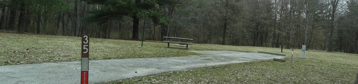 picnic table and fire pit to the left of camp pad, electric, water, and sewer to the right of pad.