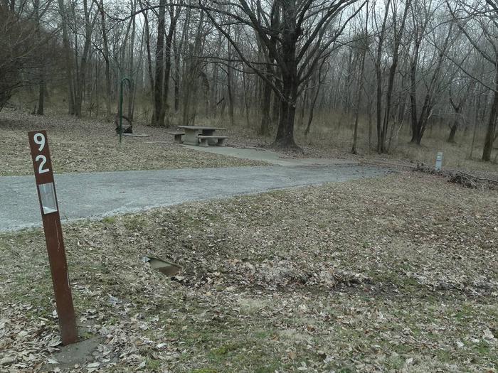 picnic table and fire pit to the left of camp pad, electric to the right of pad.