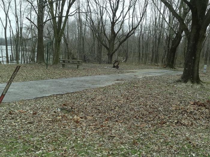 picnic table and fire pit to the left of camp pad, electric to the right of pad.