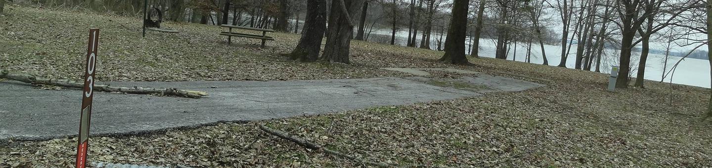 picnic table and fire pit to the left of camp pad, electric to the right of pad.