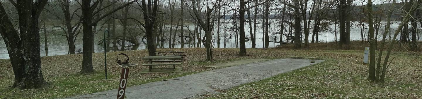 picnic table and fire pit to the left of camp pad, electric to the right of pad.