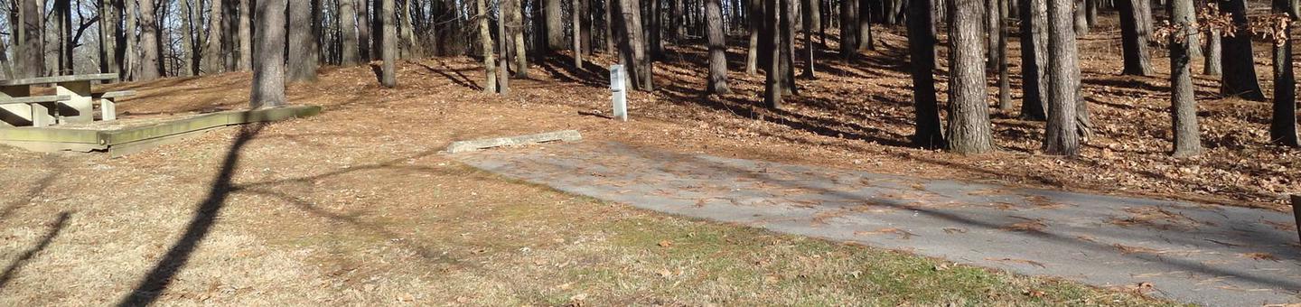  This site has many trees surrounding it, providing lots of shade. The fire pit and picnic table are located on the left side of the paved pad. Hookups are on the right side. 