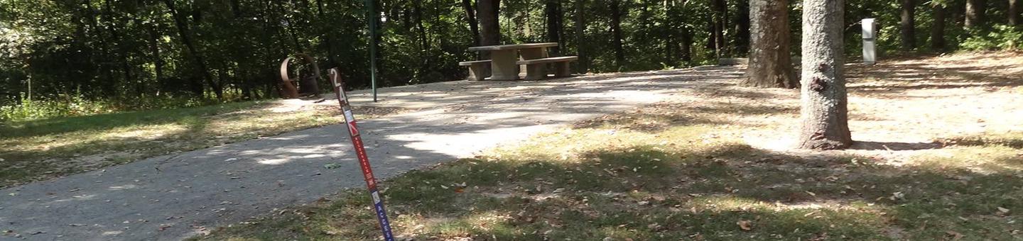 picnic table and fire pit to the left of camp pad, electric, water, sewer, and extra parking to the right of pad.