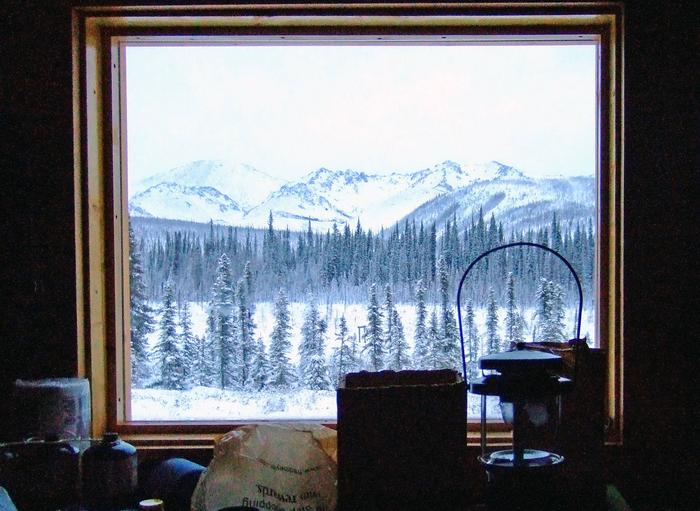 Window view with forest and snowy mountainsPicture window view from Wolf Run Cabin