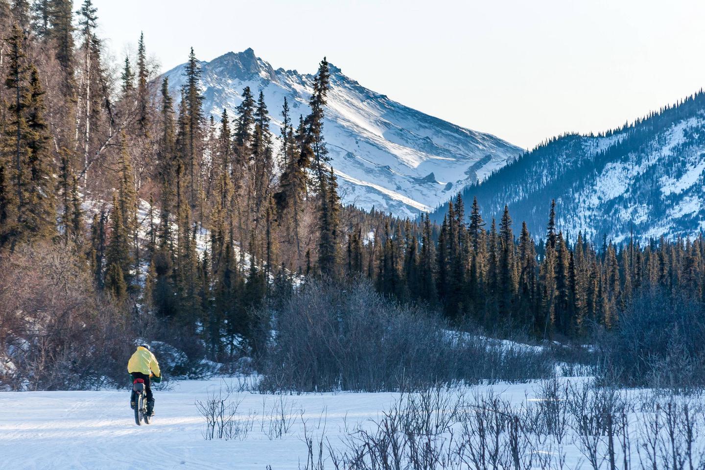 A man rides a bicycle on a frozen creek in the mountains.
