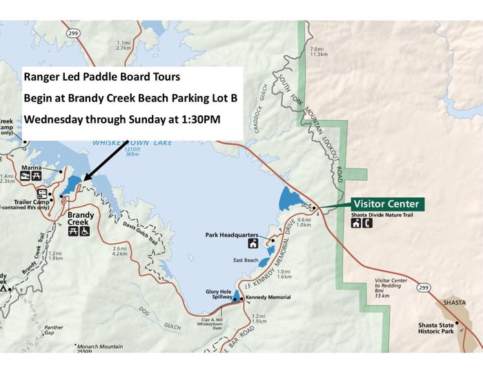 Map of program locationRanger led paddle board programs begin at Brandy Creek Beach Parking Lot B.