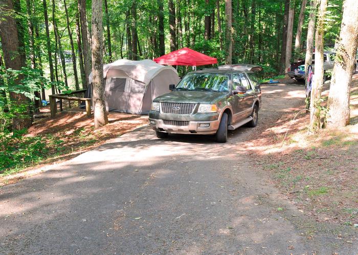 Pull-thru exit, driveway slope, utilities-side clearance.Victoria Campground, campsite 56.