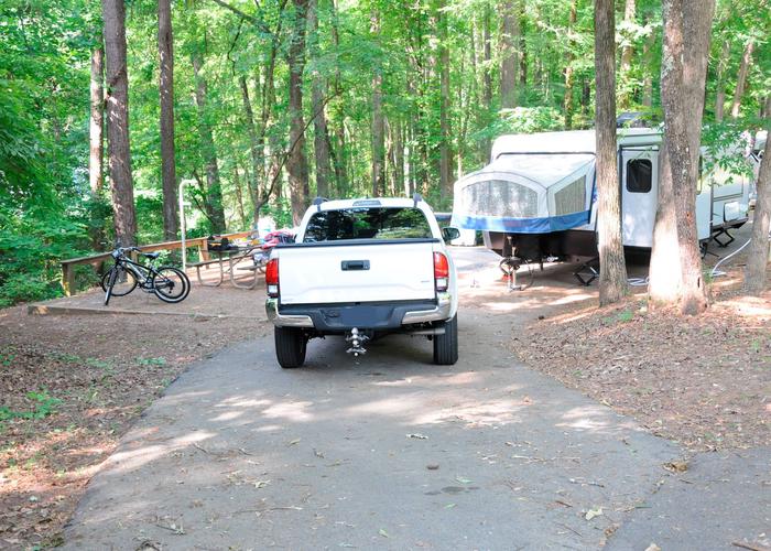 Pull-thru exit, driveway slope, awning-side clearance.Victoria Campground, campsite 57.