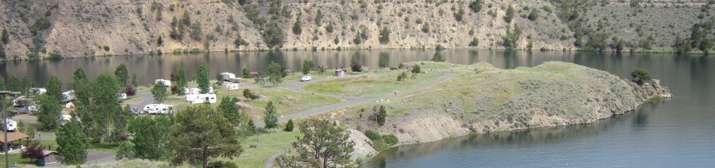 BLM Devil's Elbow Campground. View of the campground. Hauser Lake is on the eastern shoreline.