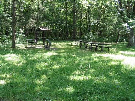  Group Campsite 2 showing picnic tables, food shelter, fire ring and grillGroup campsite 2