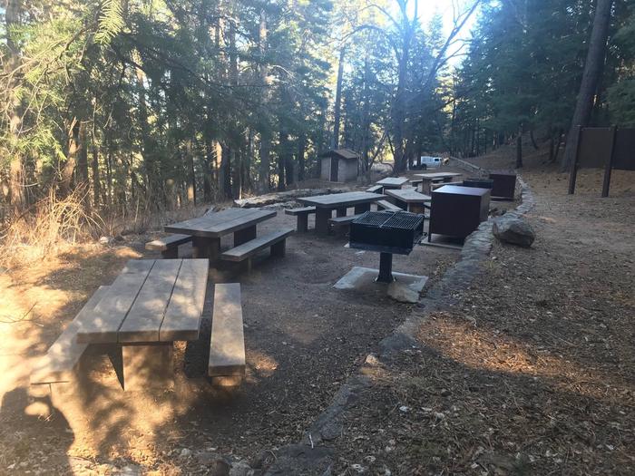 A view of the picnic tables, bear boxes, and other facilities.Upper Arcadia Group Site