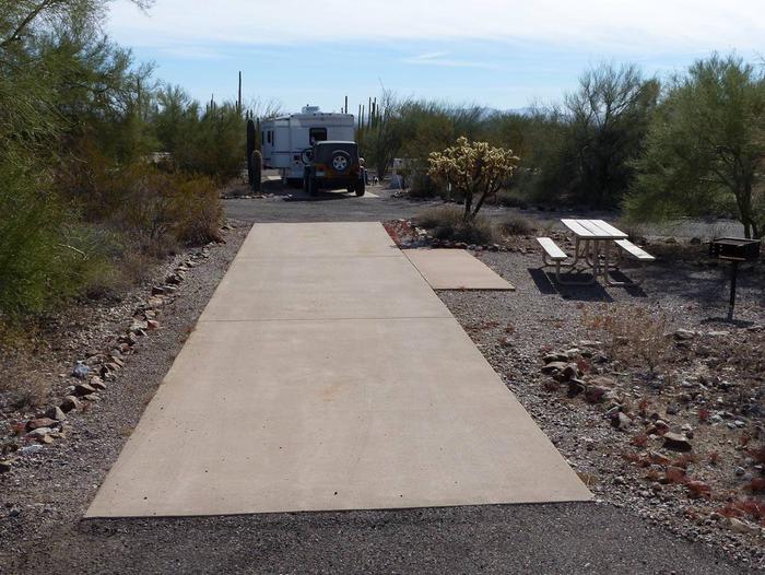Pull-thru campsite with picnic table and grill, cactus and desert vegetation surround site.  Site 052
