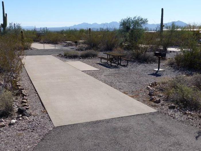 Pull-thru campsite with picnic table and grill, cactus and desert vegetation surround site.  Site 062
