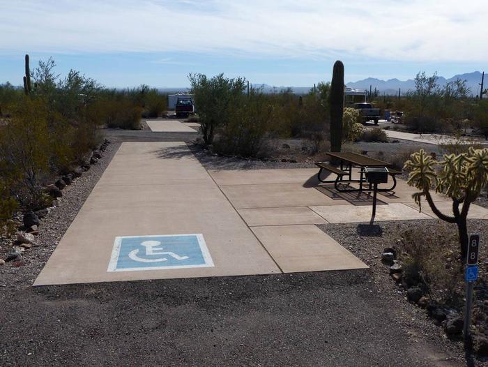 Pull-thru campsite with picnic table and grill, cactus and desert vegetation surround site.  Handicap logo painted on the groundSite 088