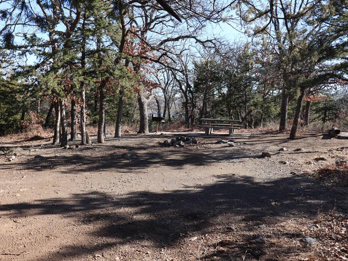 A wooded campsite with glimpses of Quanah Parker Lake.Campsite 42