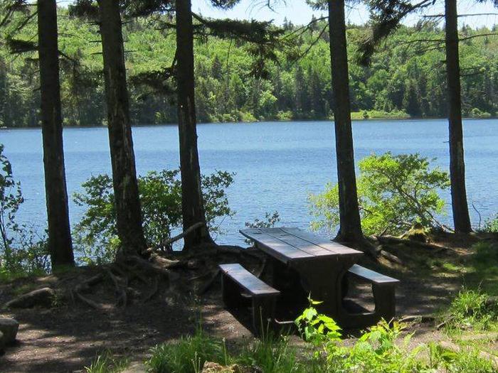 pond with picnic table in foregroundGrout Pond Campground