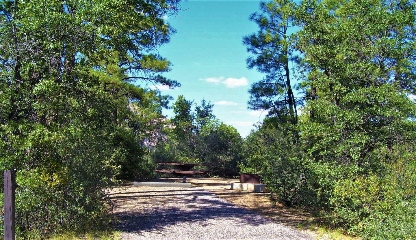 Yavapai Campground Site 10 with short driveway and table and fire pit tucked into young trees. Yavapai Campground Site #10