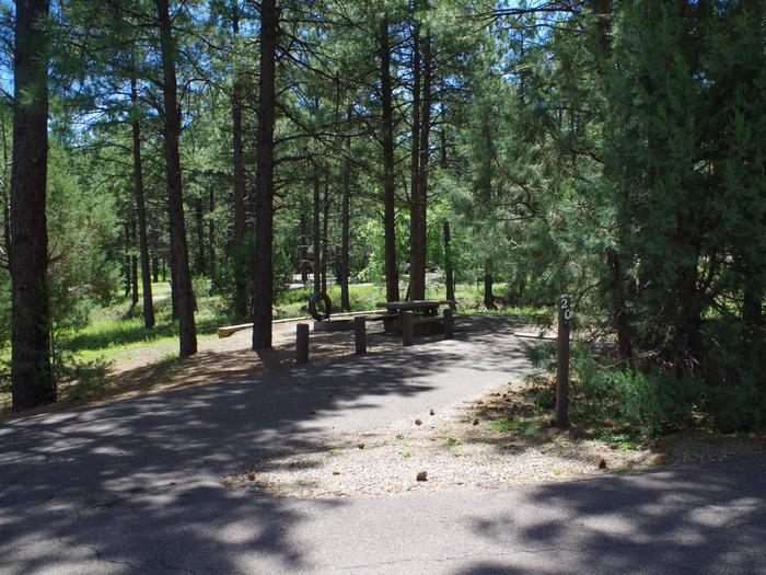 Potato Patch A20 surrounded by Ponderosa pine, short drive with table, grill and fire pit to the left of the drive.Potato Patch A20