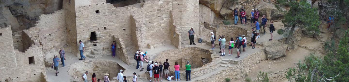 Visitors touring a large, ancient, stone-masonry villageVisiting Cliff Palace on a ranger-guided tour