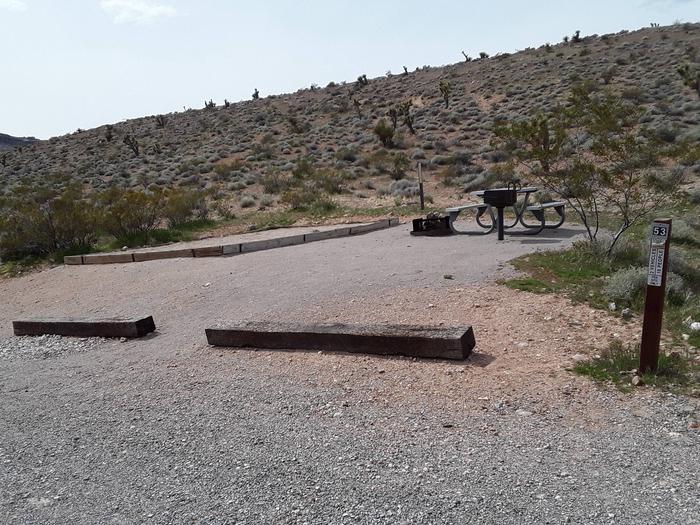 Red Rock Canyon Campground Standard Site 53-No shade shelter - Parallel parkingRed Rock Canyon Campground Standard site which includes a large tent pad and a fire pit. This site also includes a bbq grill and a picnic table. Parking is along the road with room for the two vehicles allowed. 53- No shade shelter - Parallel parking