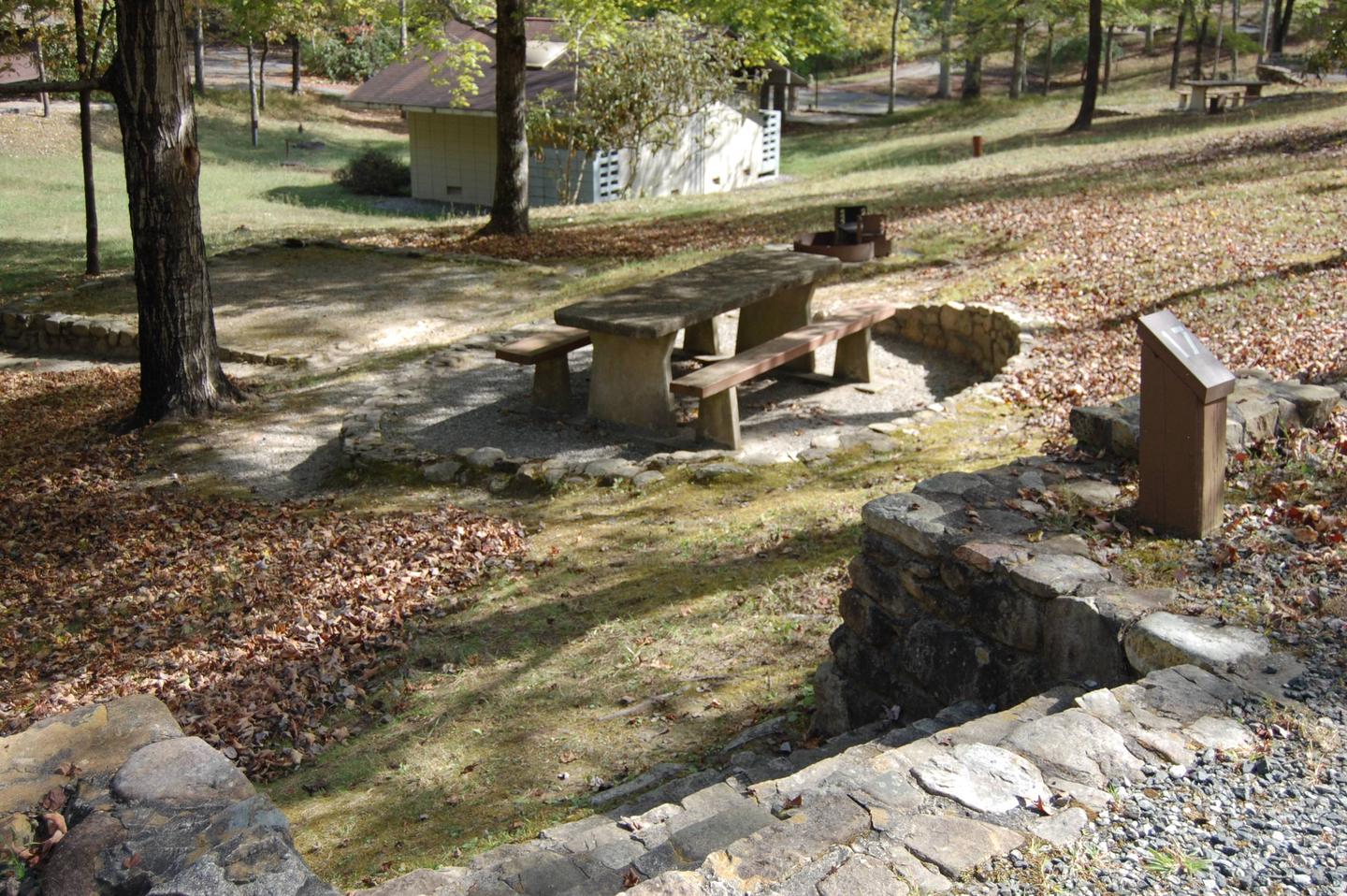 Picnic Stairs lead down to picnic area from parking. The site is in the interior loop and is near site 16. Both could be reserved for a larger group. 