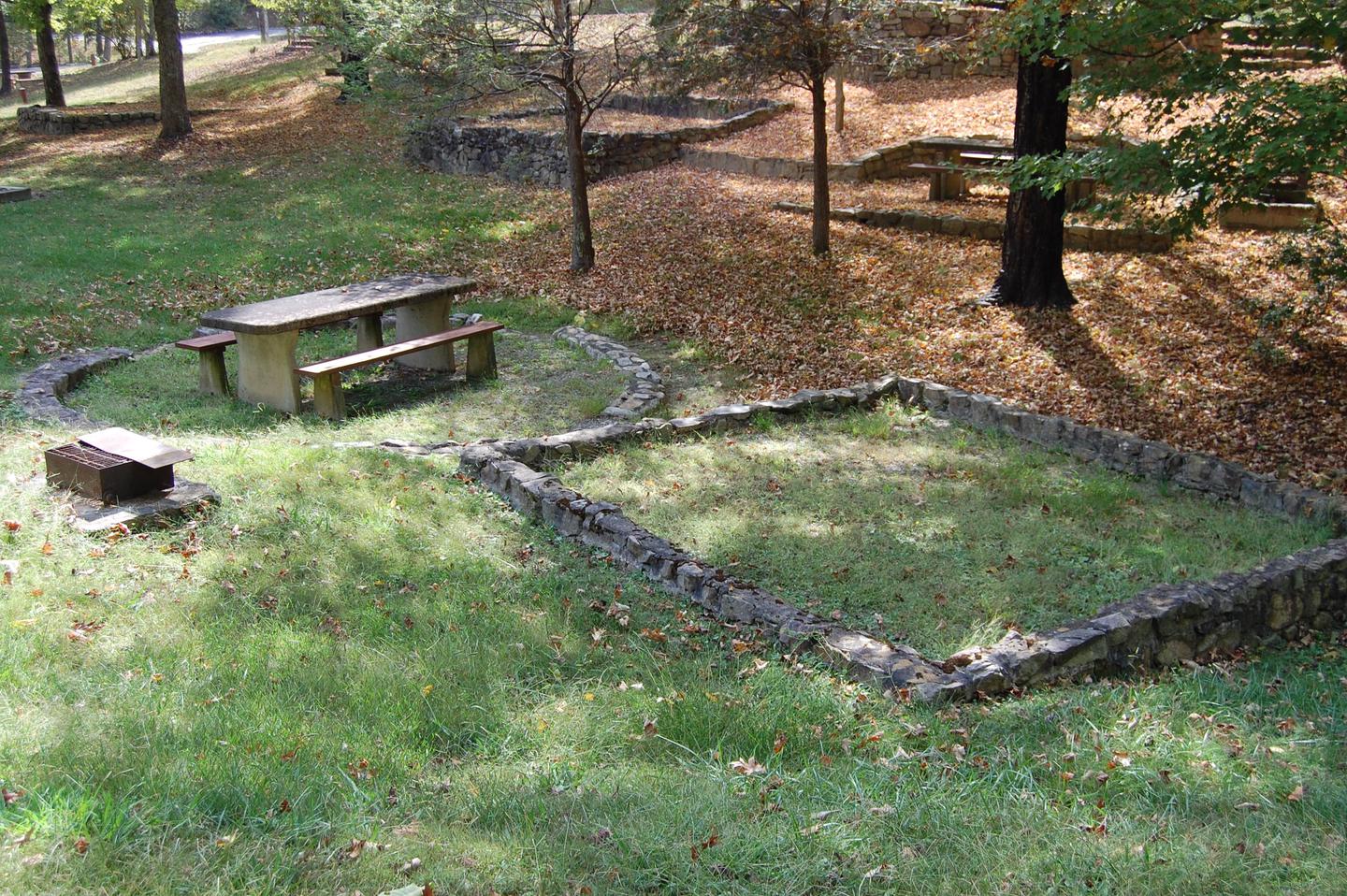 Site example A variety of open and forested sites are available. All sites feature a picnic table, grill, and tent pad. 