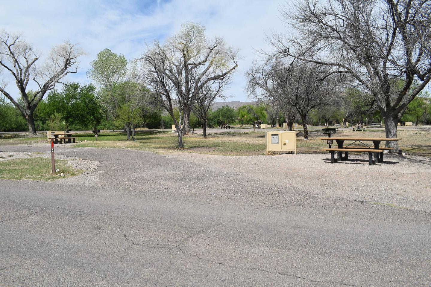 The paved, pull through parking space connects to the main campground road. Several cottonwood trees that have lost their leaves for the winter are shown in a field just beyond the camp site. The vehicle access to Site 2