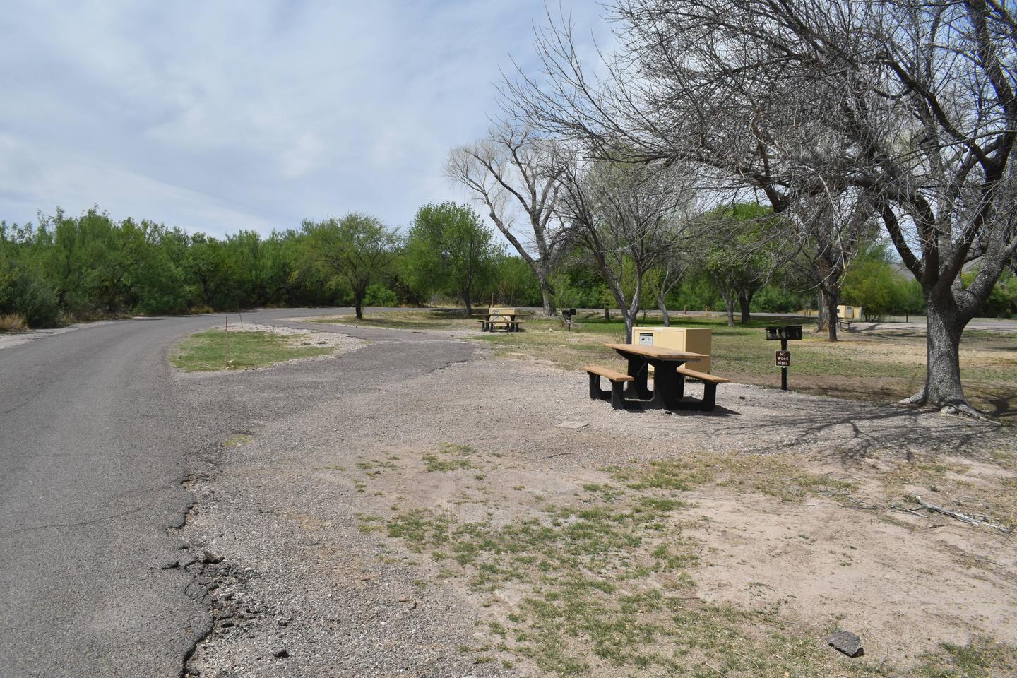 A long and paved pull-through driveway connects to the adjacent campsite, and provides ample parking for site two. A small, gravel space sits in-between the paved pull-through and the picnic table. The overview of Site 2