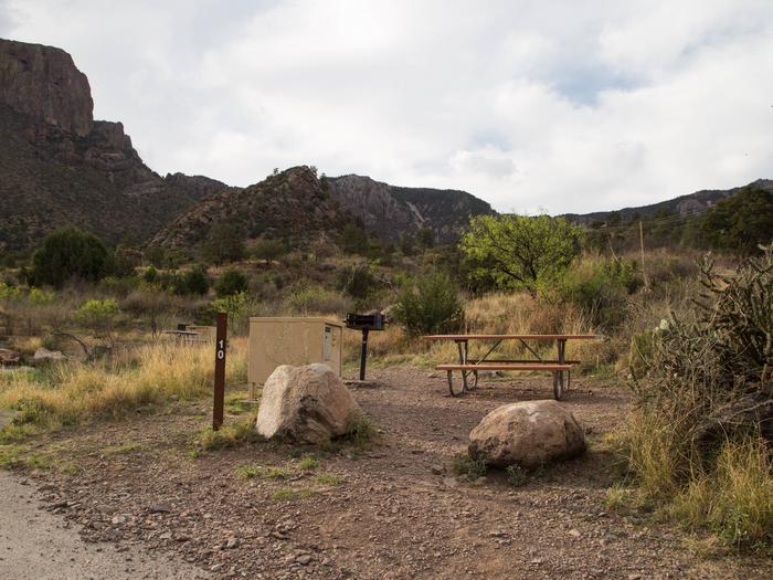 Chisos Basin Campsite #10 overviewAs seen from the parking area. Bear box, grill and picnic table.