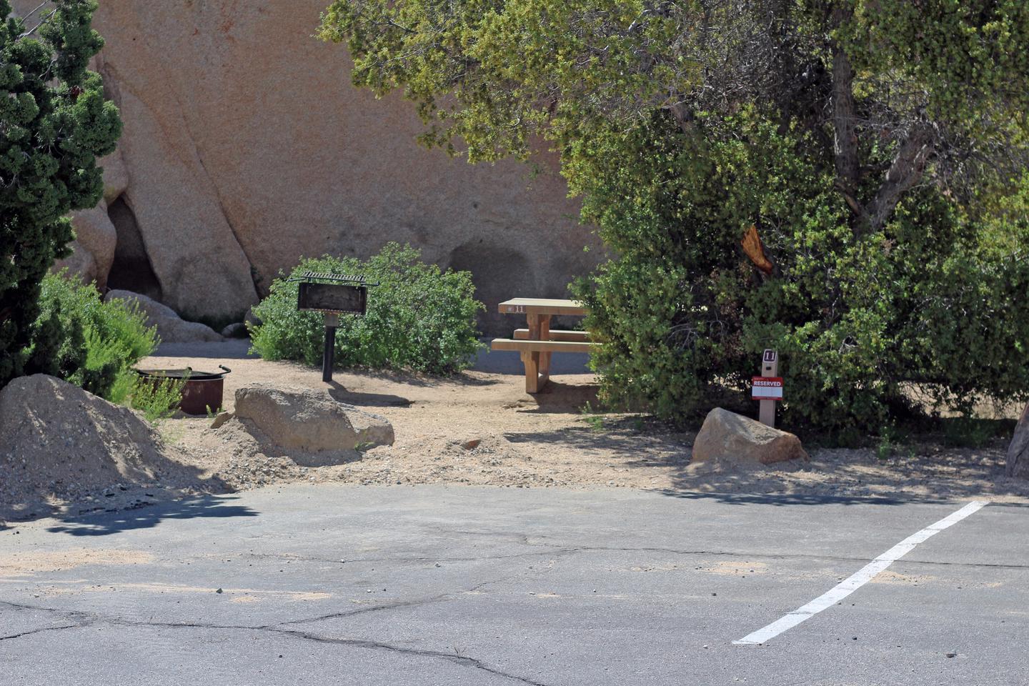 Campsite  with picnic table surrounded by boulders and green plants.Campsite.
