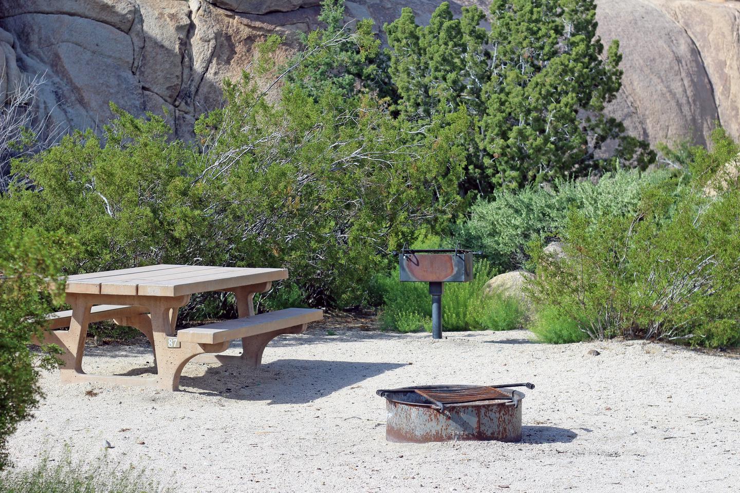  Campsite  with picnic table surrounded by boulders and green plants.Campsite.