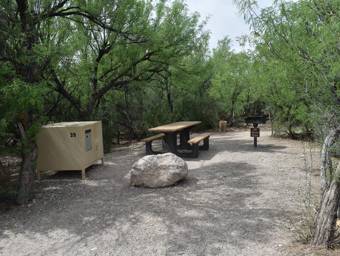 Close-up view of site 39 with a bear box, picnic table, and metal grill nestled in the trees. There is a large rock to mark the end of the driveway, with plenty of clear space in the area to pitch a tent or shelter. Close-up view of Site 39 with amenities