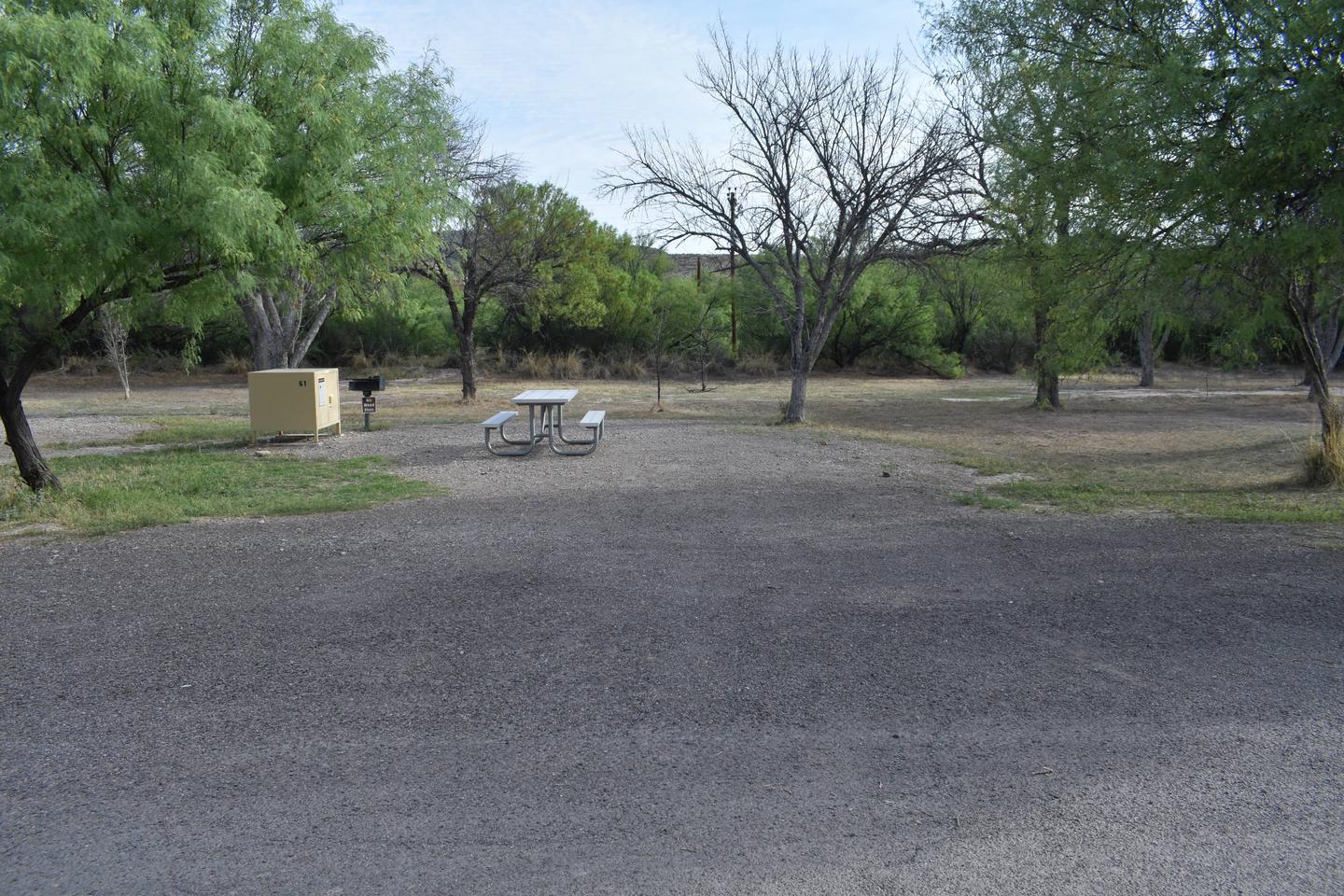 Distant view of parking area and camp site with shade treesParking and camping area for site 61