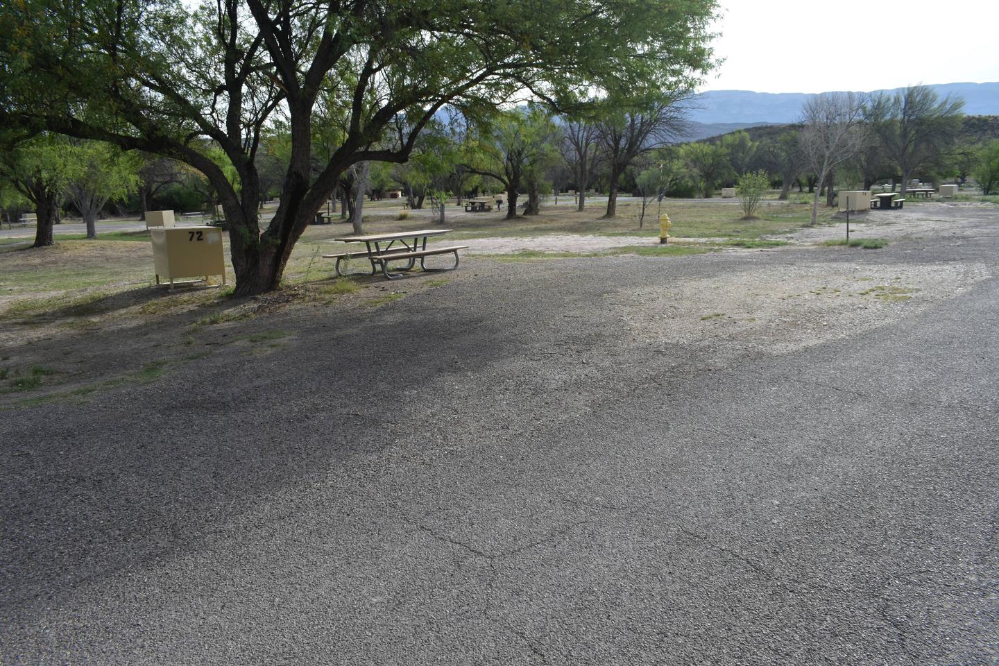 Distant view of pull-thru parking area and camp siteParking and camping area Site 72