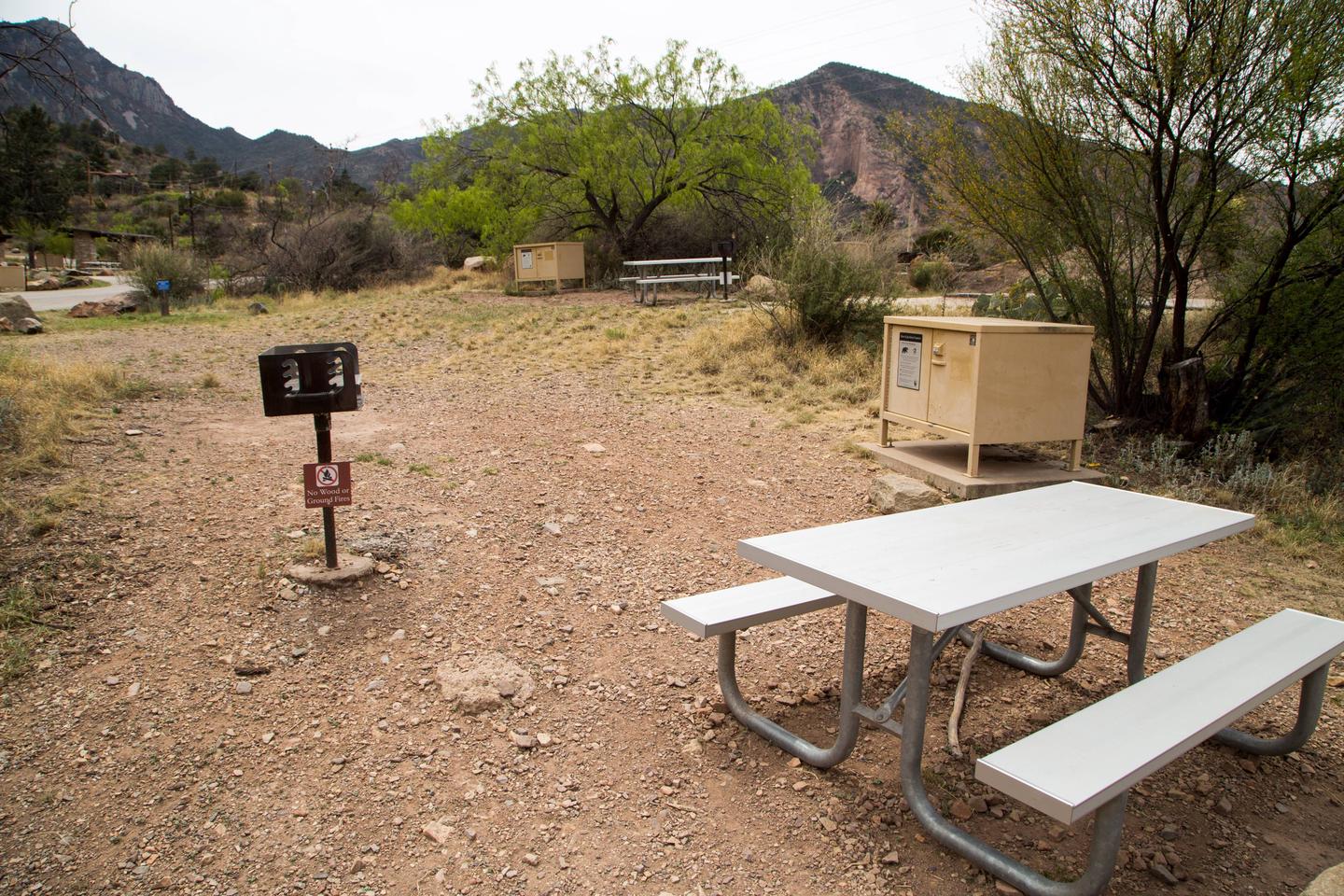 Chisos Basin Campsite #34 site viewView showing grill, tent pad, picnic table, and bear box. Notice no shade ramada or natural shade.
